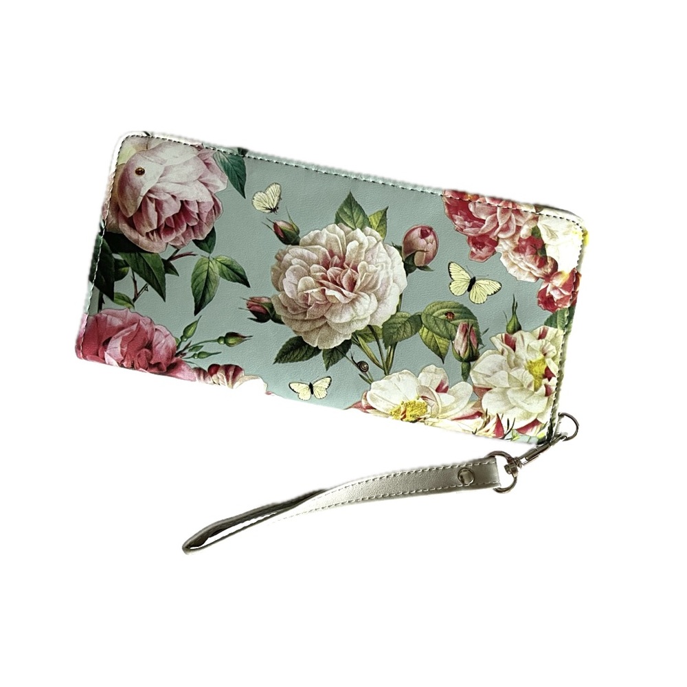 Blue floral rose butterfly spring wristlet wallet